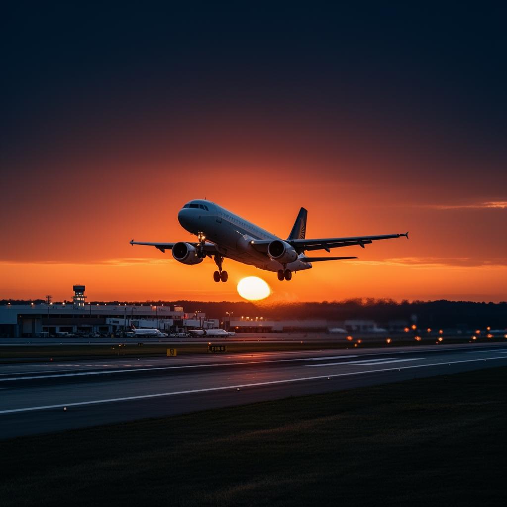 Airplane taking off at sunset
